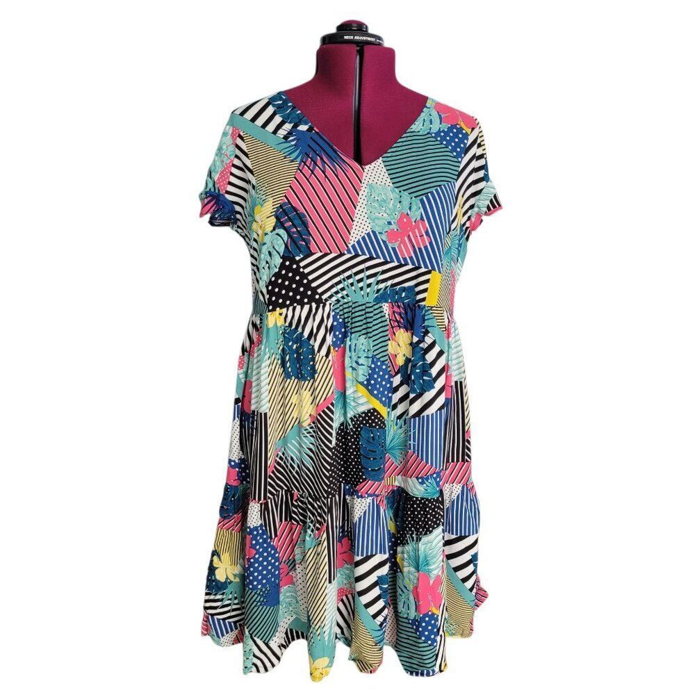 Loralette Multicolor Patchwork Print Dress (Size 14)